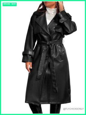 Faux Leather Trench Coat Plus Size Belted Long Overcoat